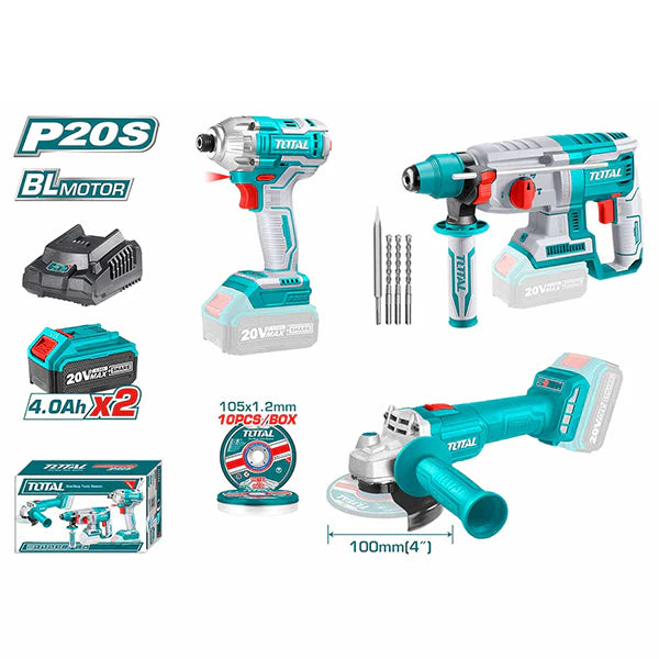 TOTAL 20V Brushless 3-Pcs Cordless Combo Kit TOSLI2301510 Total